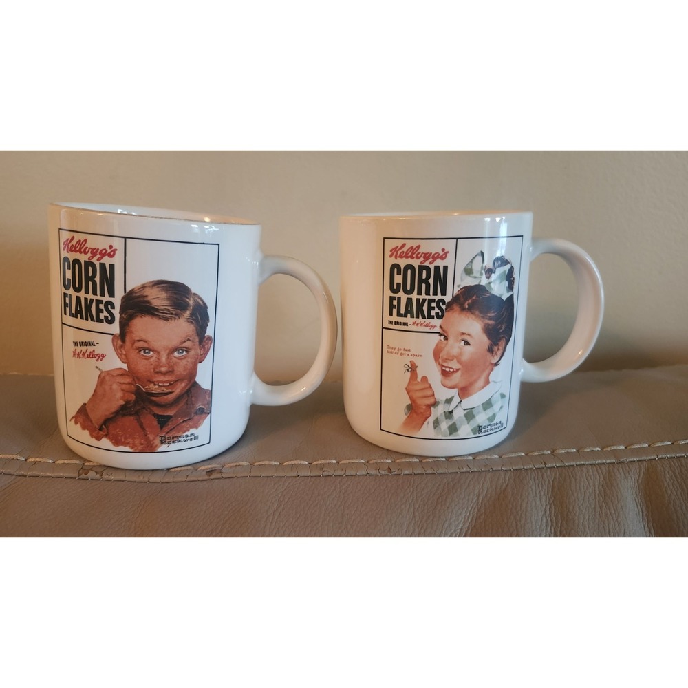 Norman Rockwell Kellogg's Kids Mugs Coffee Cups Set of 2 Corn Flakes Japan VTG